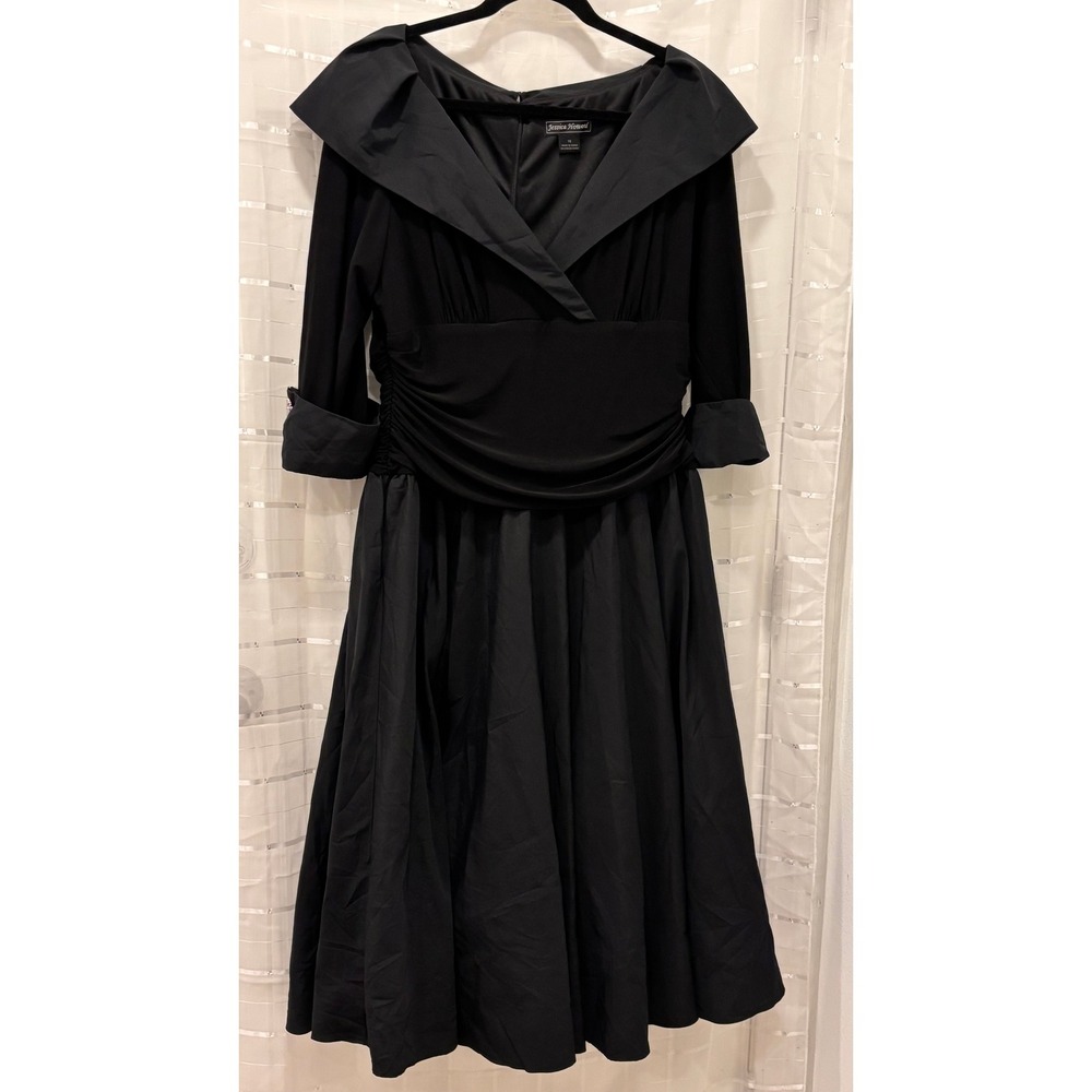 VTG Jessica Howard Black Portrait Collar Ruched Cocktail Dress Size 16